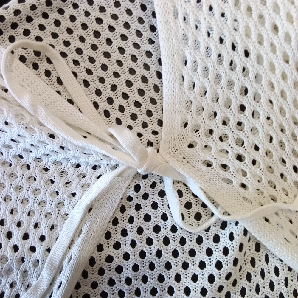 White Open-Knit Coverup Cardigan or Lightweight Beach Layer, Tie Strings - Picture 2 of 3